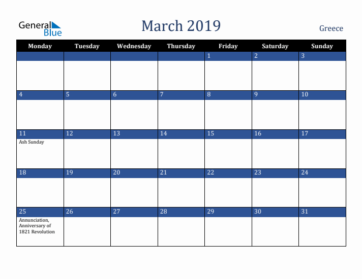 March 2019 Greece Calendar (Monday Start)
