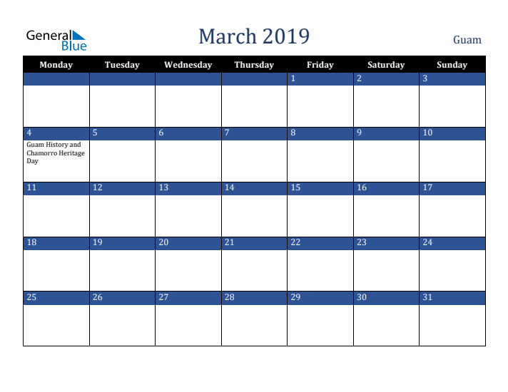 March 2019 Guam Calendar (Monday Start)