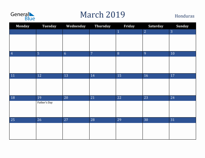 March 2019 Honduras Calendar (Monday Start)