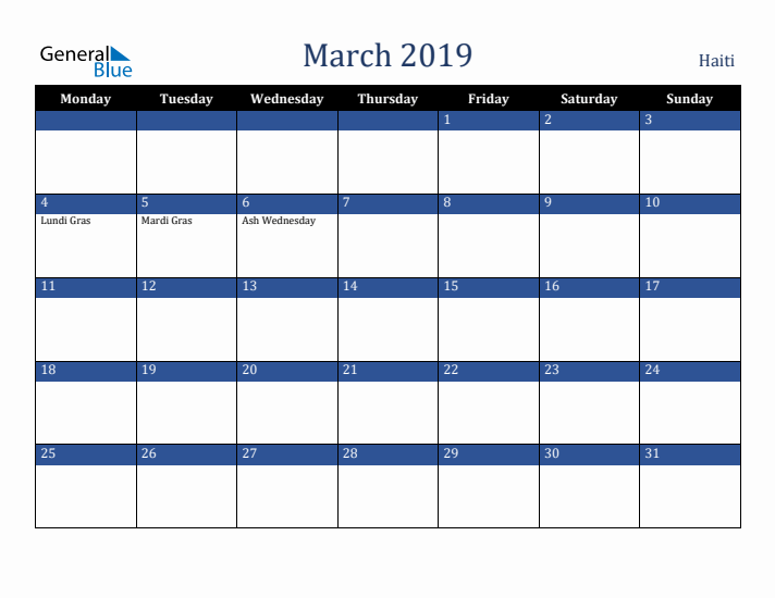 March 2019 Haiti Calendar (Monday Start)