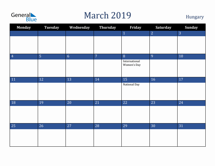 March 2019 Hungary Calendar (Monday Start)