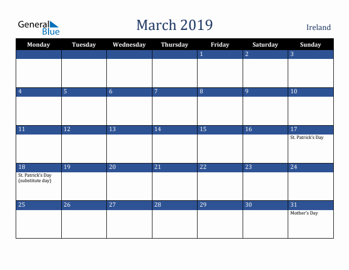 March 2019 Ireland Calendar (Monday Start)