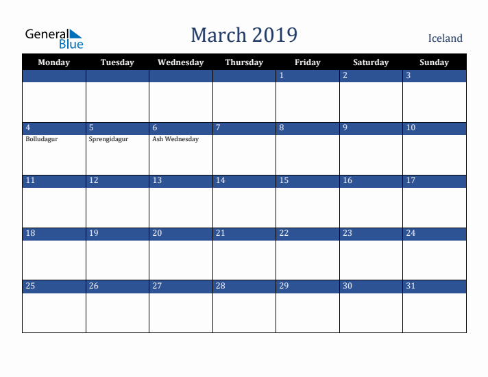 March 2019 Iceland Calendar (Monday Start)