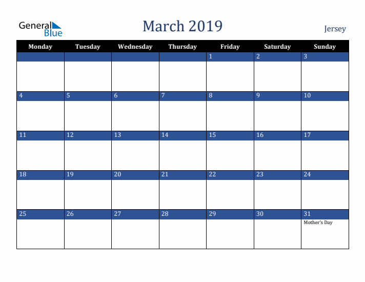 March 2019 Jersey Calendar (Monday Start)