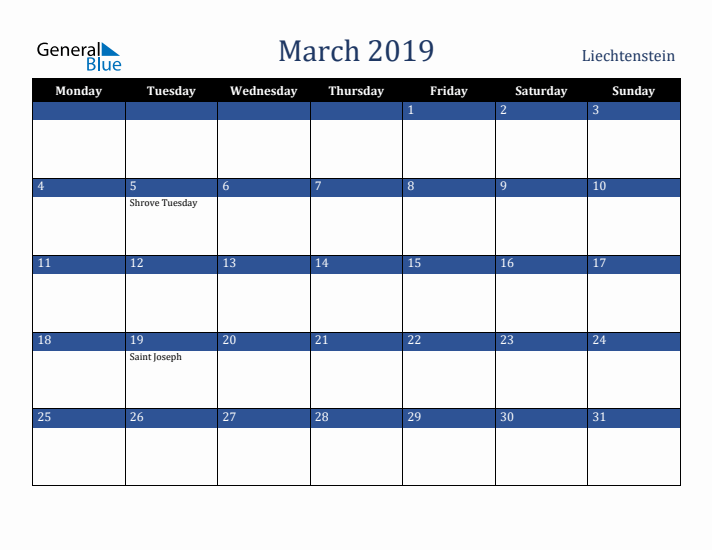 March 2019 Liechtenstein Calendar (Monday Start)
