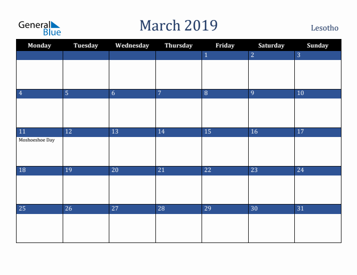 March 2019 Lesotho Calendar (Monday Start)