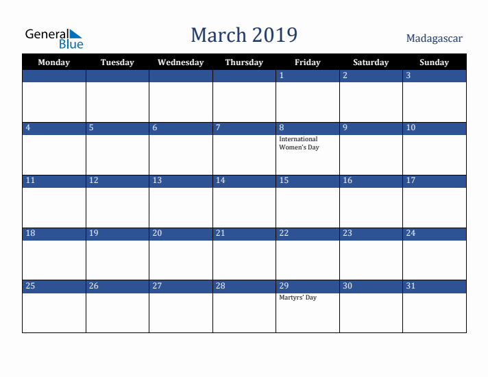 March 2019 Madagascar Calendar (Monday Start)