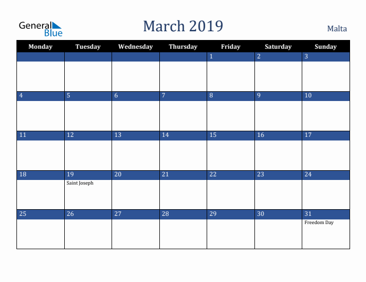 March 2019 Malta Calendar (Monday Start)