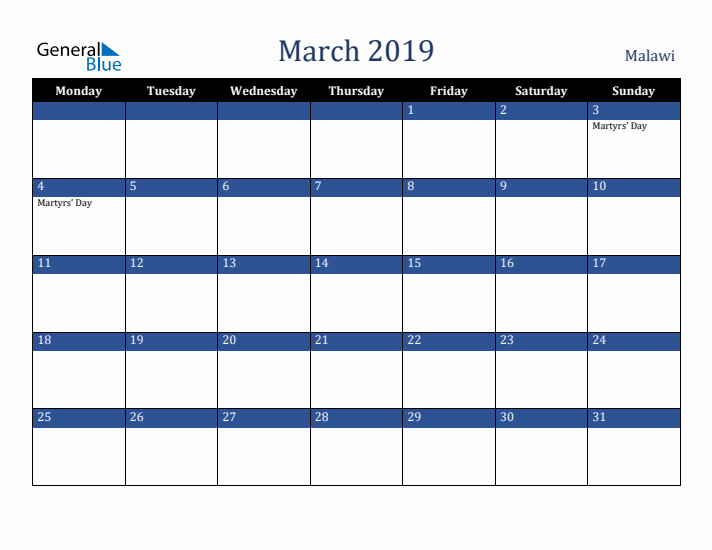March 2019 Malawi Calendar (Monday Start)