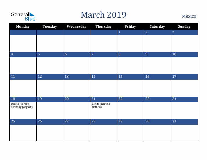 March 2019 Mexico Calendar (Monday Start)