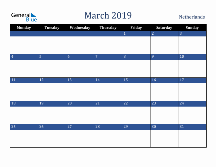 March 2019 The Netherlands Calendar (Monday Start)