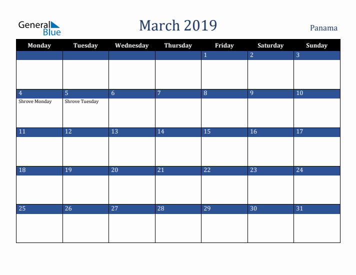 March 2019 Panama Calendar (Monday Start)