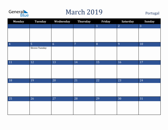 March 2019 Portugal Calendar (Monday Start)