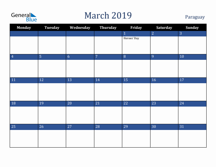 March 2019 Paraguay Calendar (Monday Start)