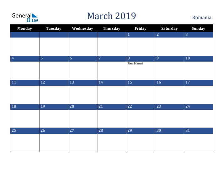 March 2019 Romania Calendar (Monday Start)