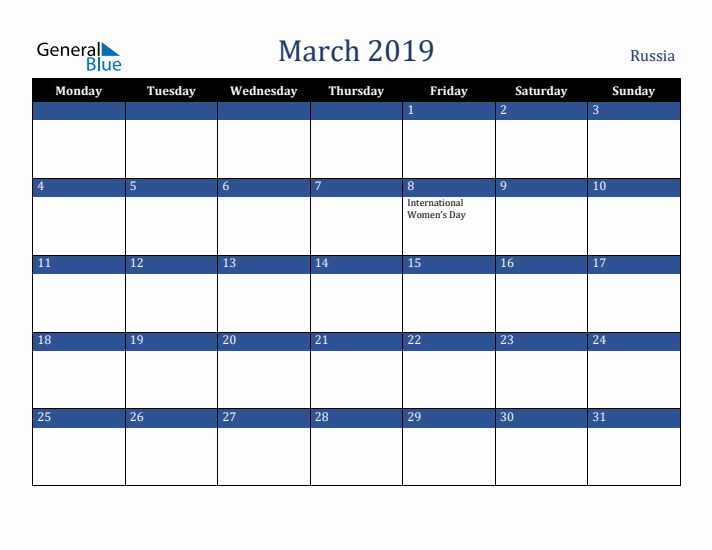 March 2019 Russia Calendar (Monday Start)