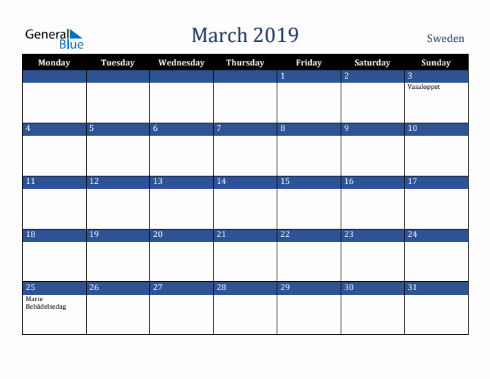 March 2019 Sweden Calendar (Monday Start)