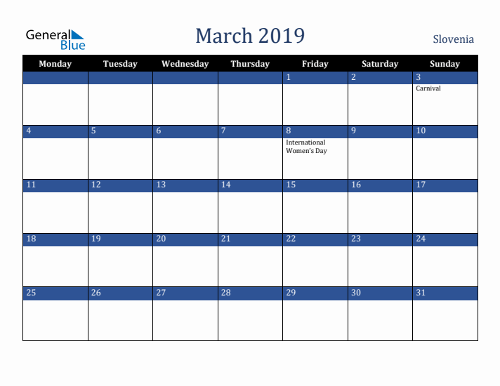 March 2019 Slovenia Calendar (Monday Start)