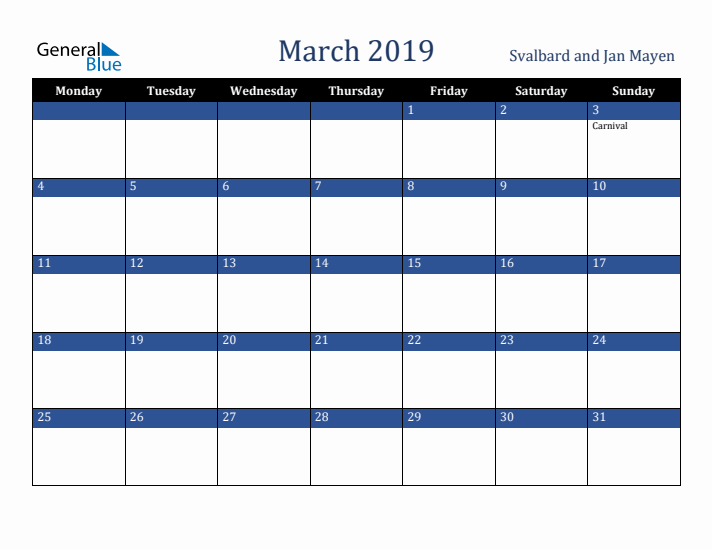 March 2019 Svalbard and Jan Mayen Calendar (Monday Start)