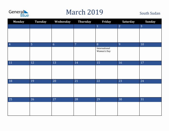 March 2019 South Sudan Calendar (Monday Start)