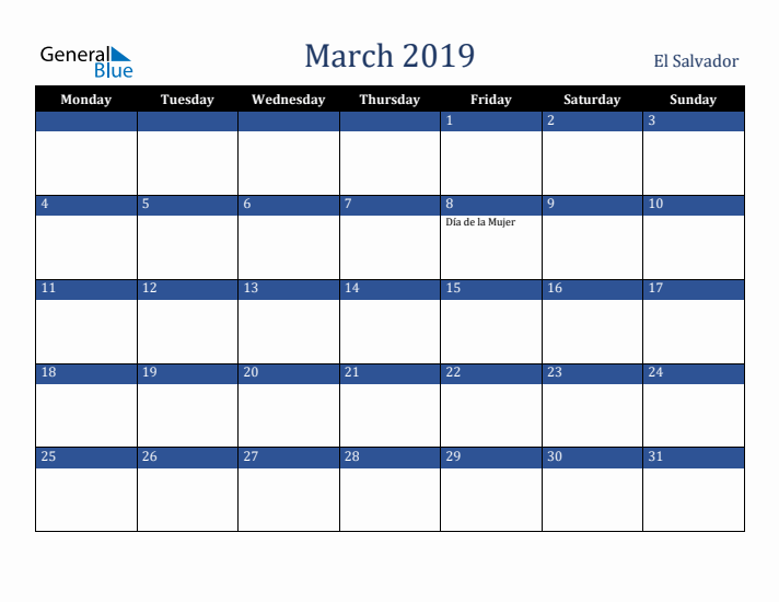 March 2019 El Salvador Calendar (Monday Start)