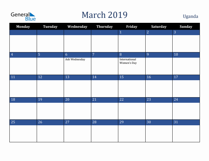 March 2019 Uganda Calendar (Monday Start)