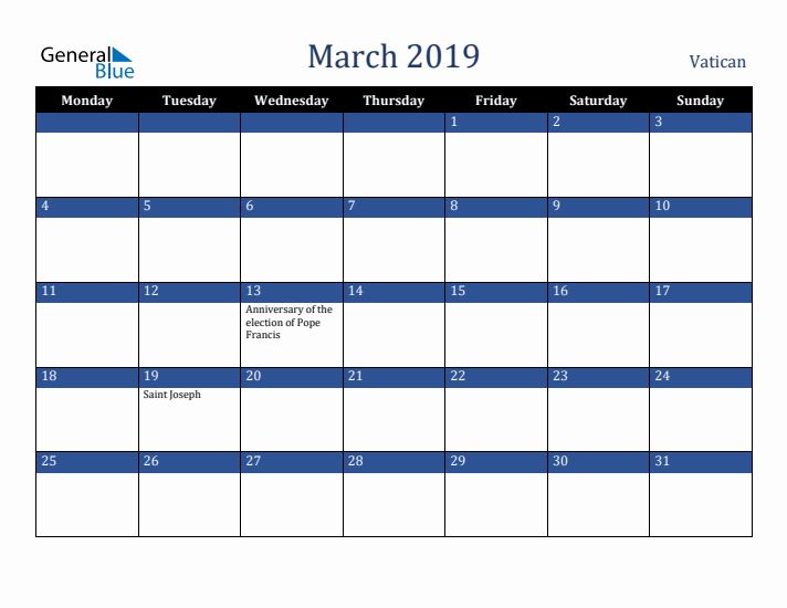 March 2019 Vatican Calendar (Monday Start)