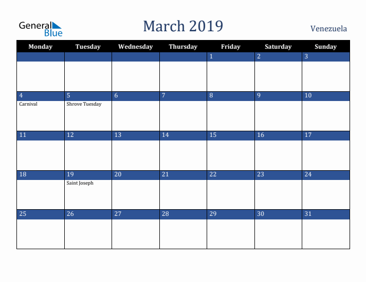 March 2019 Venezuela Calendar (Monday Start)