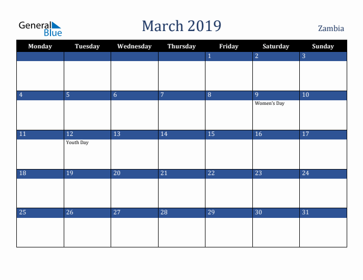 March 2019 Zambia Calendar (Monday Start)