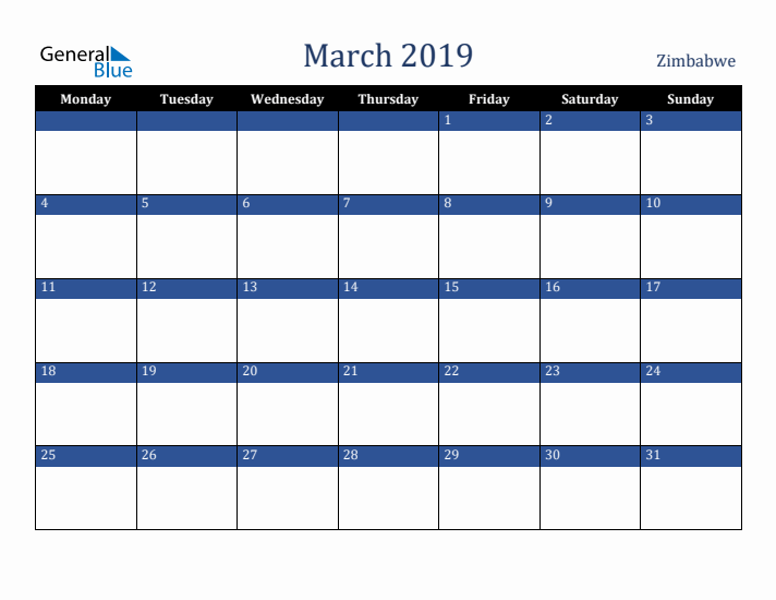 March 2019 Zimbabwe Calendar (Monday Start)