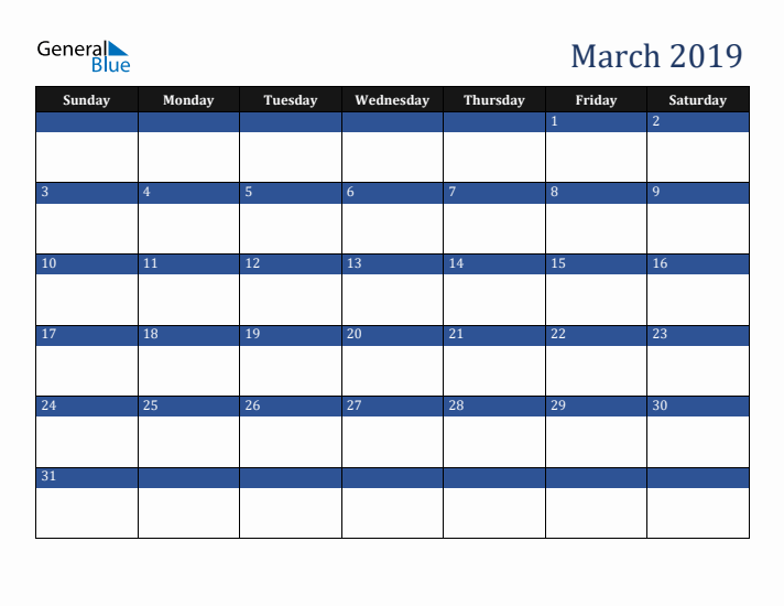 Sunday Start Calendar for March 2019