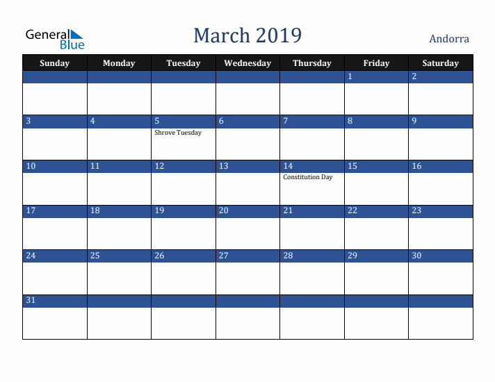 March 2019 Andorra Calendar (Sunday Start)