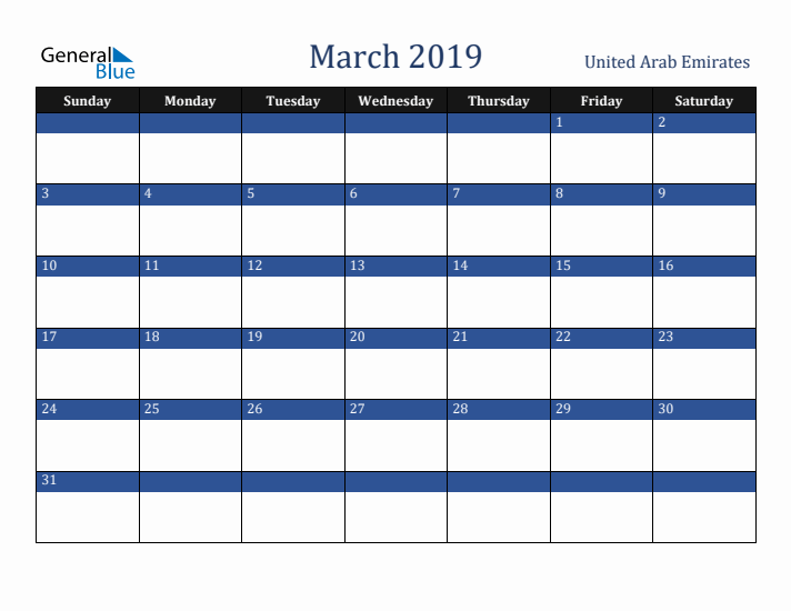 March 2019 United Arab Emirates Calendar (Sunday Start)