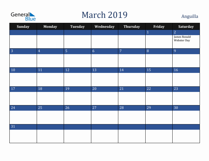 March 2019 Anguilla Calendar (Sunday Start)