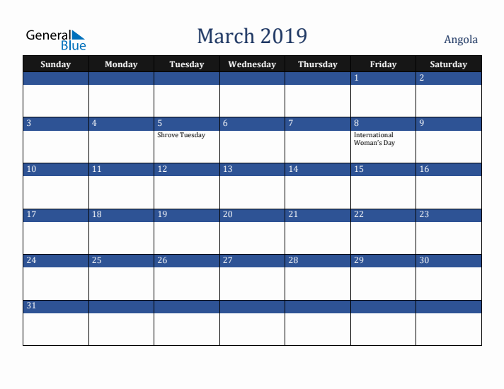 March 2019 Angola Calendar (Sunday Start)