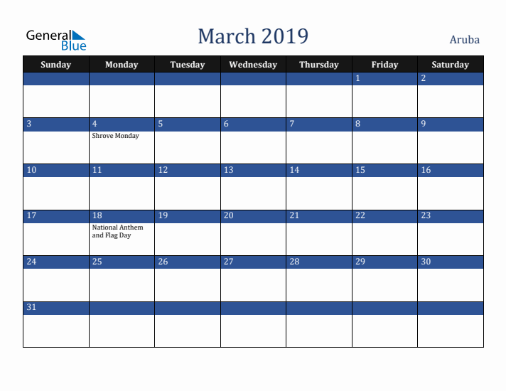 March 2019 Aruba Calendar (Sunday Start)