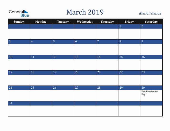 March 2019 Aland Islands Calendar (Sunday Start)