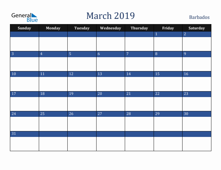 March 2019 Barbados Calendar (Sunday Start)