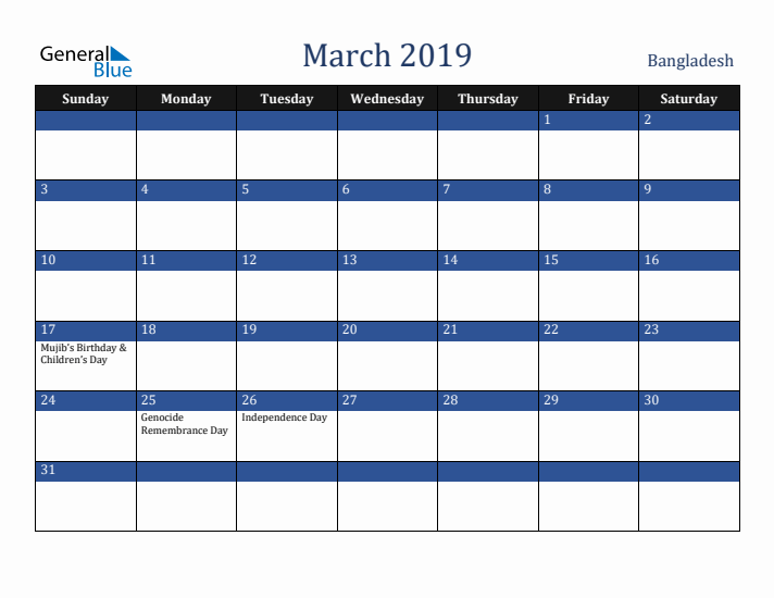 March 2019 Bangladesh Calendar (Sunday Start)