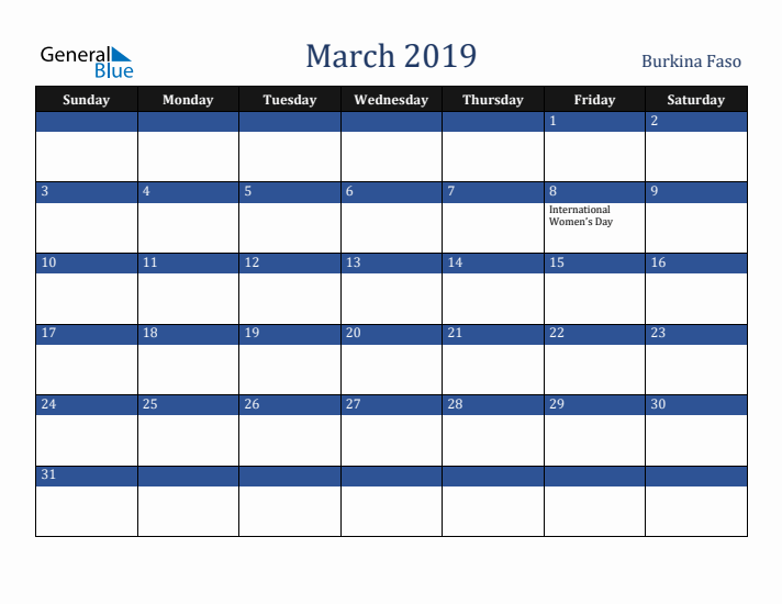 March 2019 Burkina Faso Calendar (Sunday Start)