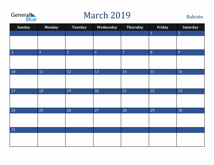 March 2019 Bahrain Calendar (Sunday Start)