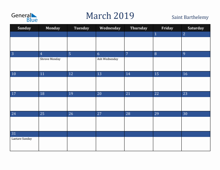 March 2019 Saint Barthelemy Calendar (Sunday Start)
