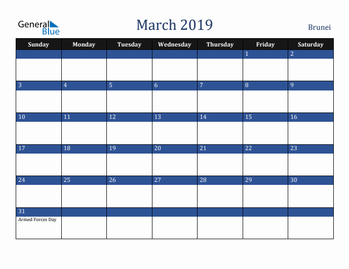 March 2019 Brunei Calendar (Sunday Start)