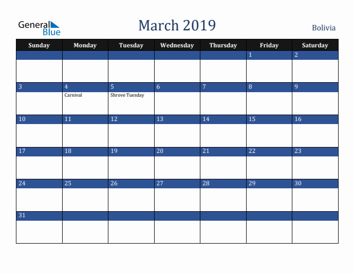 March 2019 Bolivia Calendar (Sunday Start)