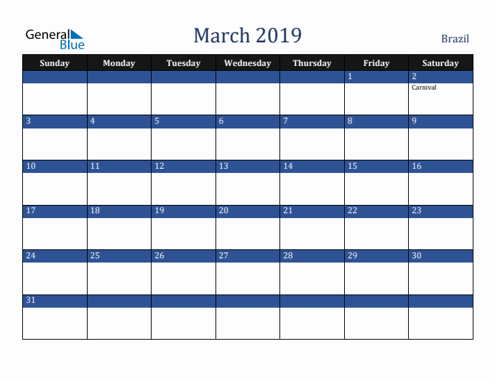 March 2019 Brazil Calendar (Sunday Start)