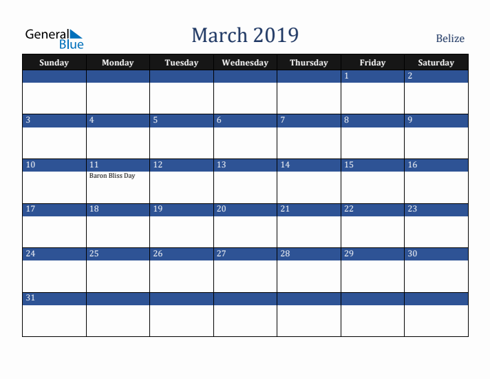 March 2019 Belize Calendar (Sunday Start)