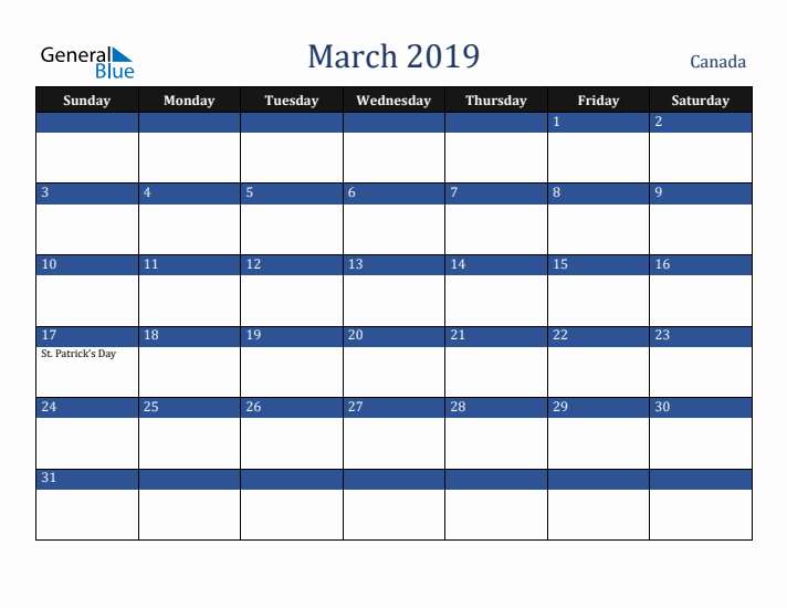 March 2019 Canada Calendar (Sunday Start)