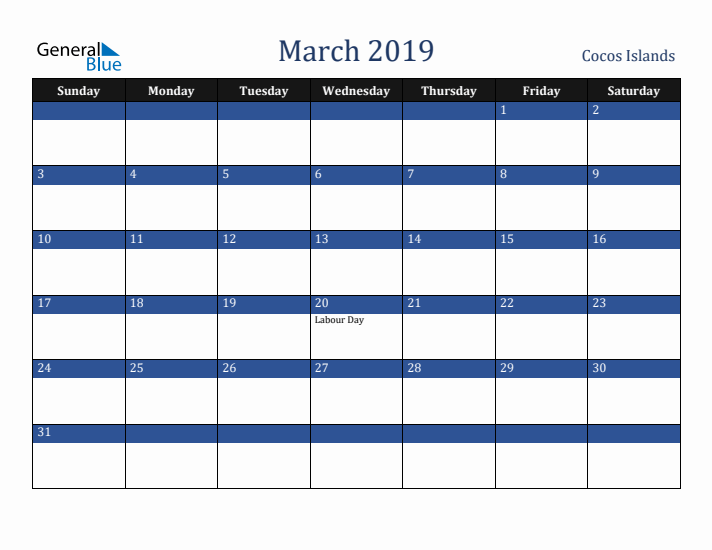 March 2019 Cocos Islands Calendar (Sunday Start)
