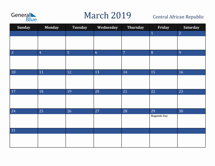 March 2019 Central African Republic Calendar (Sunday Start)