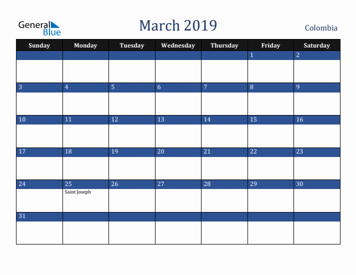 March 2019 Colombia Calendar (Sunday Start)